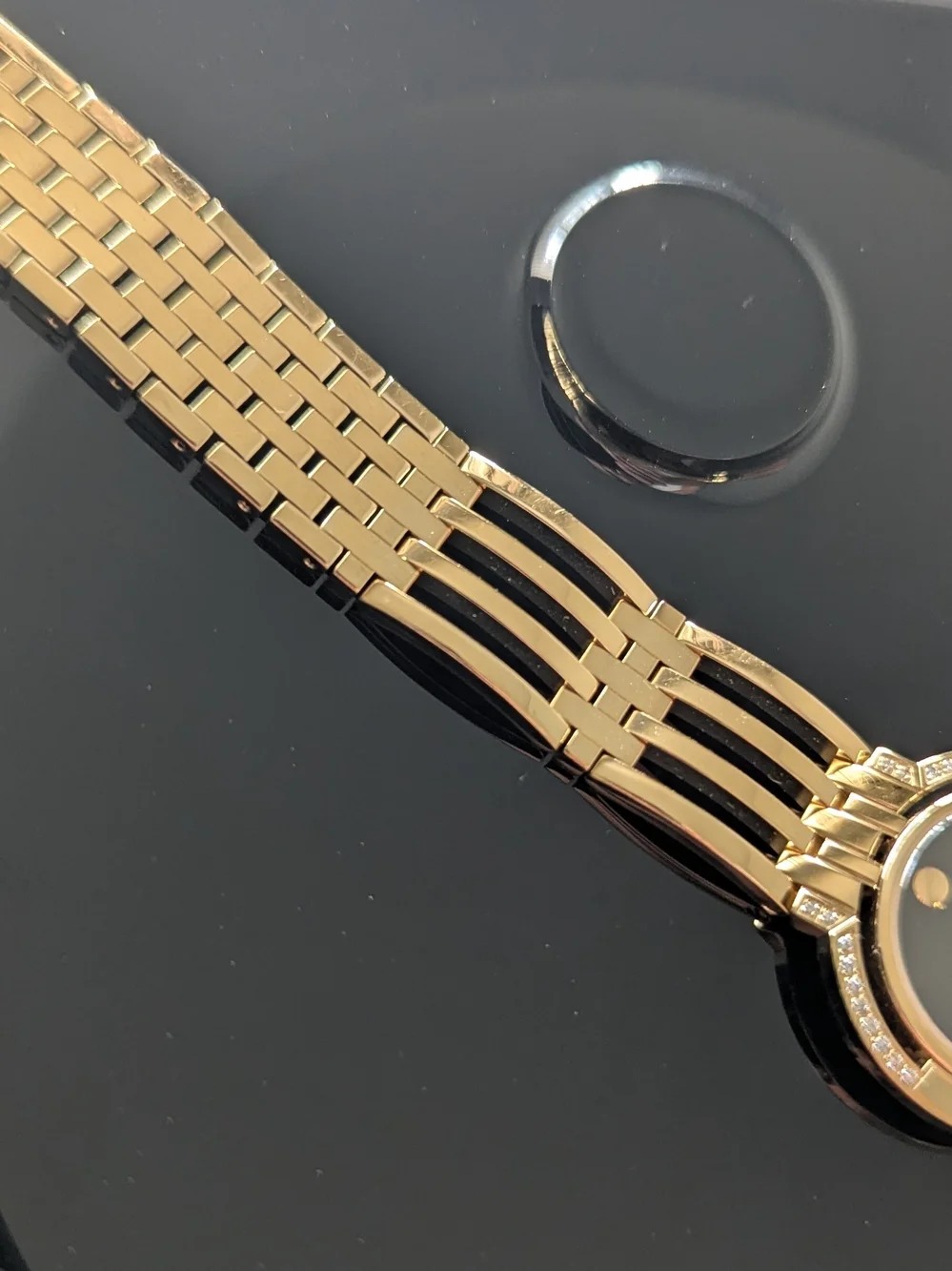 Movado Watch Women’s Gold Black Dial Diamond Bracelet $2795